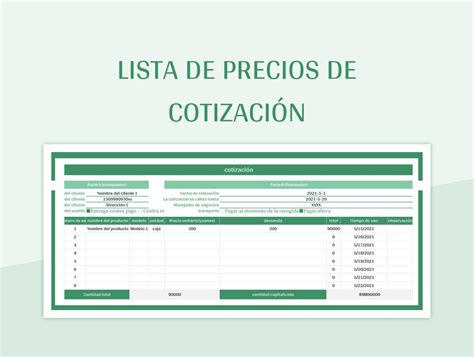 Plantilla De Excel Lista De Precios De Cotizaci N Y Hoja De C Lculo De