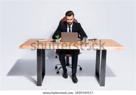 Photo Handsome Business Guy Notebook Table Stock Photo 1839144517