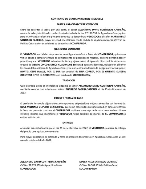 Carta Venta Contratos Contrato De Venta Para Bien Inmueble Partes Capacidad Y Presentacion