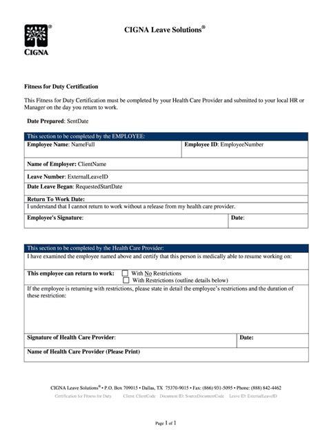 Cigna Leave Solutions Fitness Duty Fill Online Printable Fillable