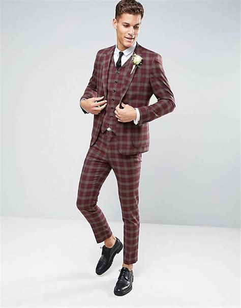 Asos Wedding Skinny Suit In Burgundy Check Asos