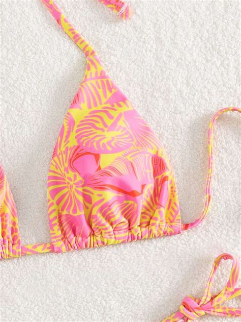 SHEIN Swim Mod Allover Print Bikini Set Halter Triangle Bra Tie Side