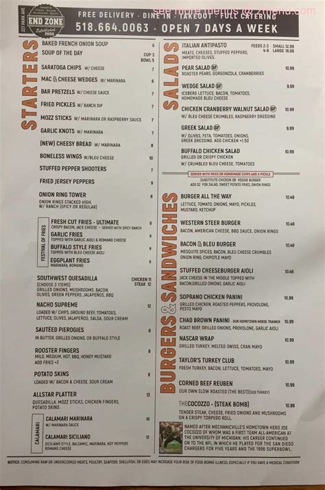 Menu at The End Zone Sports Pub & Restaurant, Mechanicville, 227 Park Ave