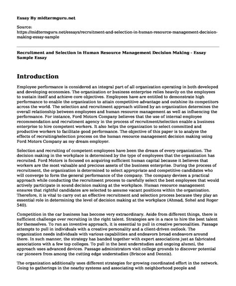 Recruitment And Selection In Human Resource Management Decision