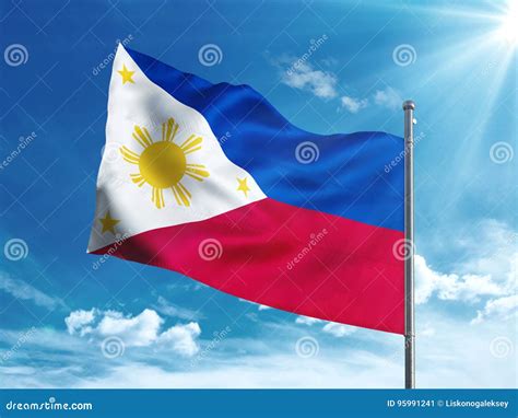 Philippines Flag Waving In The Blue Sky Stock Illustration