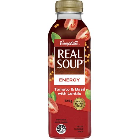 Campbells Real Soup Energy Tomato And Basil With Lentils 515g Woolworths