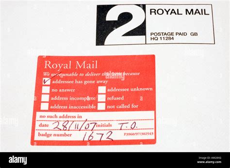 Royal Mail Sticker Used On Mail When Addressee Has Gone Away Stock