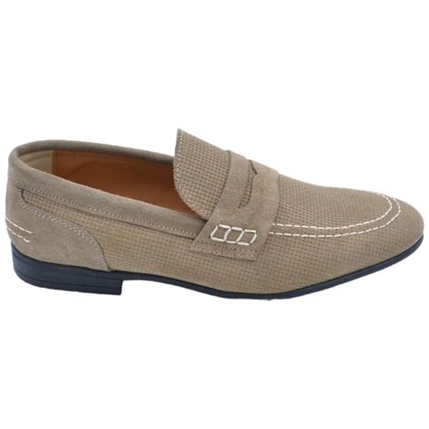 Scarpe Uomo Mocassino In Vera Pelle Camoscio Beige Bendina Tono Su Tono