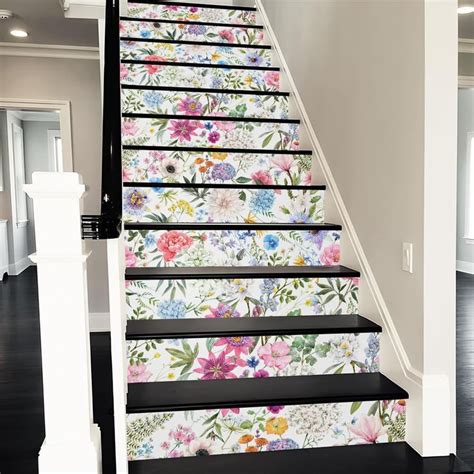 Redamancy Vintage Baroque Colorful Floral Peel And Stick Vinyl Stair Riser Decals Staircase Tile