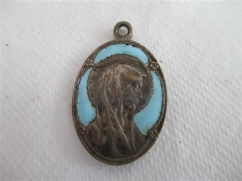 Ancienne M Daille Religieuse Vierge Lourdes Email Bleu Turquoise Mm