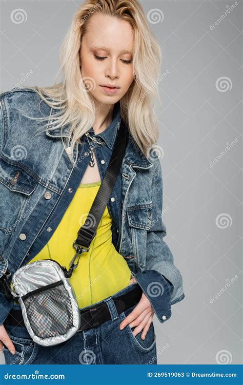 Albino Blonde Woman In Stylish Denim Stock Image Image Of Posing
