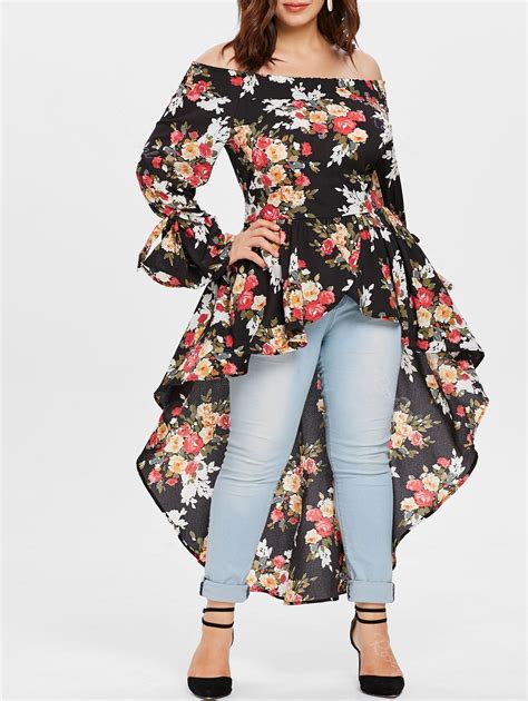 [26 Off] Plus Size Off Shoulder Floral High Low Long Blouse Rosegal