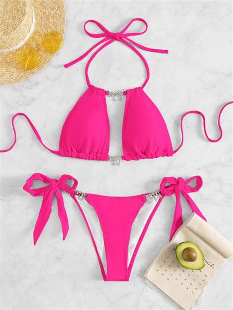 Shein Swim Sxy Ba Ador Bikini Tanga Ne N Rosado Con Diamante De