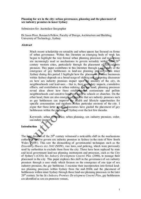 Planning For Sex In The City Urban Governance Planning And The Placement Of Sex Industry