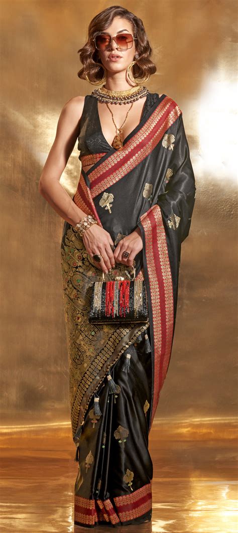 Reception Traditional Wedding Black And Grey Color Satin Silk Fabric Saree 1935157