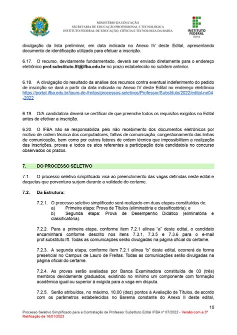 Retifica O Do Edital Ifba N Processo Seletivo Simplificado