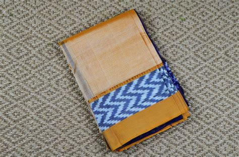 Tvis And Bliss Nude And Royal Blue Pochampally Border Mangalagiri Silk