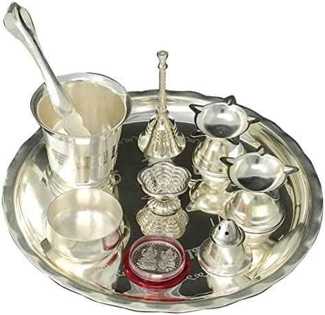 BENGALEN Silver Plated Pooja Thali Set 8 Inch With Plate Ghanti Bowl