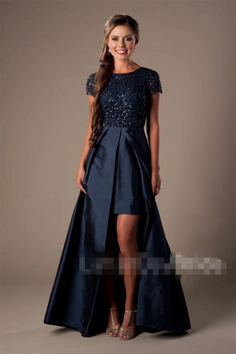 Navy Blue High Low 2017 Modest Prom Dresses Short Sleeves Heavily