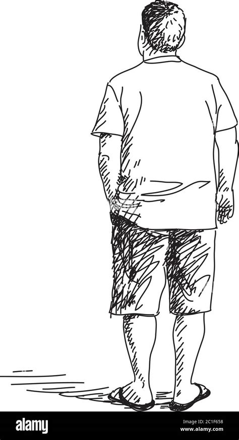 Sketch Of Standing Man From Back Hand Drawn Vector Illustration Stock