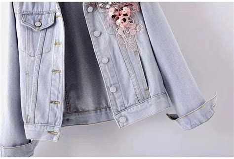 Free Shipping Autumn Women Embroidery Three Dimensional Flowers Pearl Bead Short Denim Coat