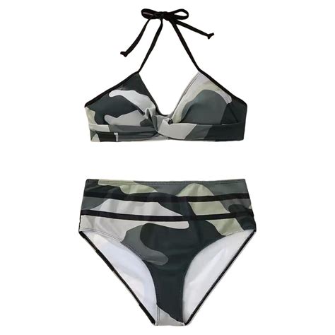 AQITTI Women S New Swimwear Fashion Retro Camo Print Hanging Neck Split Bikini Swimwear