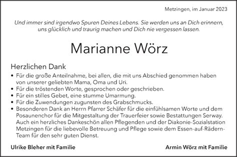 Traueranzeigen von Marianne Wörz Südwest Presse Trauer