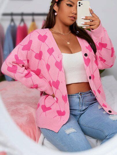 Plus Heart Argyle Pattern Drop Shoulder Cardigan Drop Shoulder