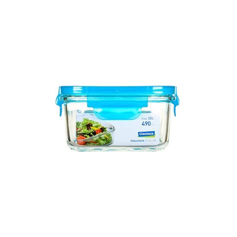 Square Food Storage Container Glass 490ml Blue Color Glasslock Kitchenshop