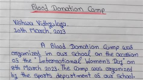 Write A Report On Blood Donation Camp Held In Your School Blood