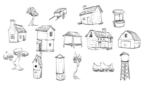Collection De Dessins à La Main Du Village Vecteur Premium