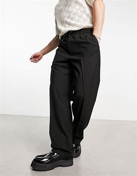 Asos Design Wide Leg Smart Trousers With Drawcord In Black Asos