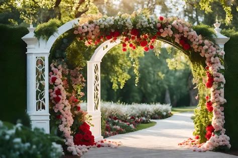 Premium AI Image | The arch of the garden is decorated with roses and ...