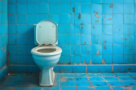 Abandoned Bathroom With Broken Tiles And Old Toilet Stock Photo Image