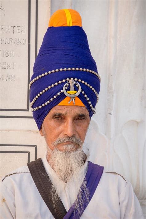 Portrait Sikh Man In Golden Temple Amritsar Punjab India Close Up