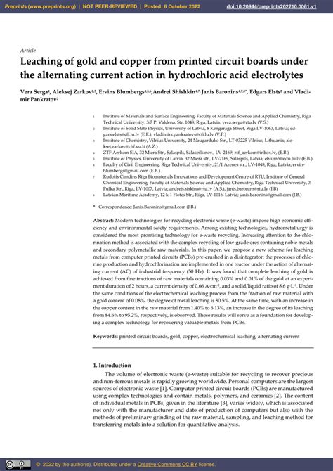 PDF Leaching Of Gold And Copper From Printed Circuit Boards Under The