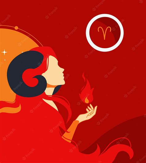 Ilustración De Signo Astrológico De Aries Con Silueta De Mujer Y Elemento De Fuego Vector Premium