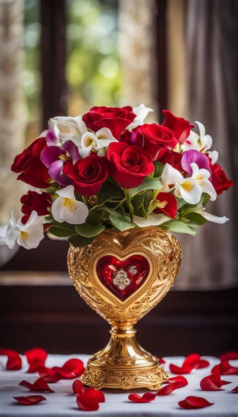 Exquisite Gold And Red Heart Shaped Vase With Beautiful Flowers I