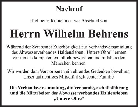 Traueranzeigen Von Wilhelm Behrens Abschied Nehmen De