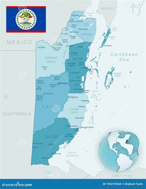 Blue Green Detailed Map Of Belize Administrative Divisions With Country