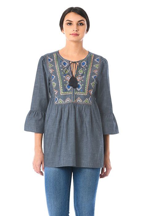 Shop Embellished Bib Cotton Chambray Top Eshakti