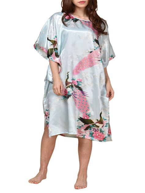 Womens Satin Nightgown Floral Print Kaftan Sleepwear One Size Fits Up