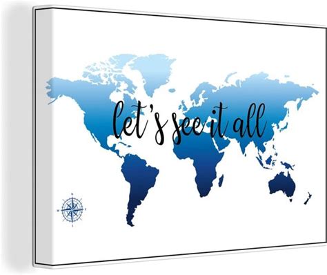 Canvas Wereldkaart 60x40 Wanddecoratie Wereldkaart Blauw Kompas