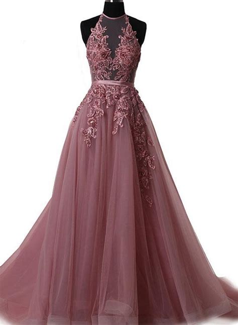 A Line Halter Neck Lace Prom Dress With Sweep Train Backless Formal D Morievent