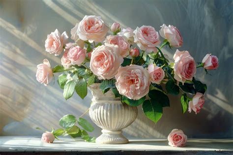 Bouquet Of Pink Roses In A White Vase Romantic Floral Still Life With