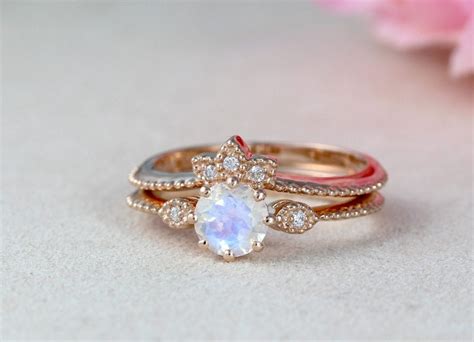 Vintage Moonstone Engagement Ring Set Round Rainbow Engagement Ring