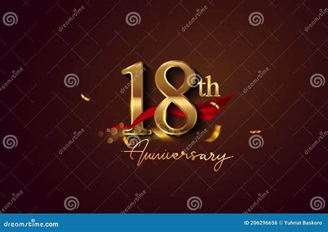 18th Anniversary Logo With Red Ribbon And Golden Confetti Isolated On