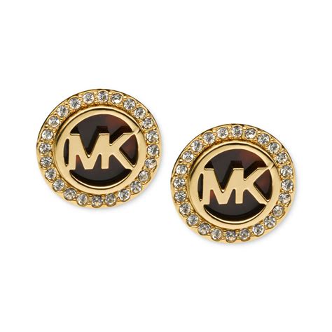 Michael Kors Gold Tone Tortoise And Pave Logo Stud Earrings In Metallic