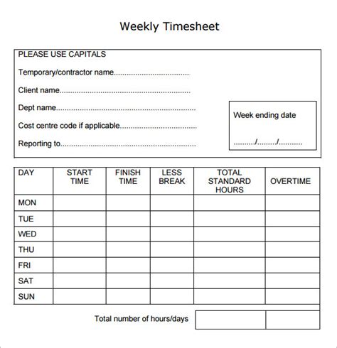 FREE 18+ Sample Weekly Timesheet Templates in Google Docs | Google Sheets | Excel | MS Word ...