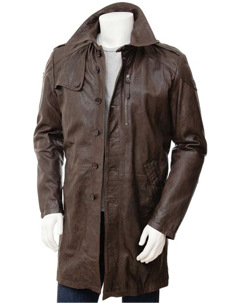 Mens Brown Leather Trench Coat